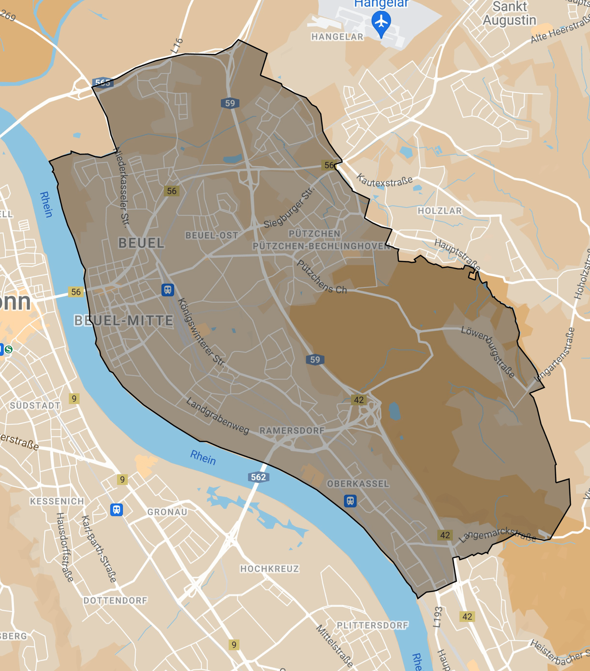 Karte des Teilnahmegebiets Bonn Beuel (in grau gekennzeichnet)