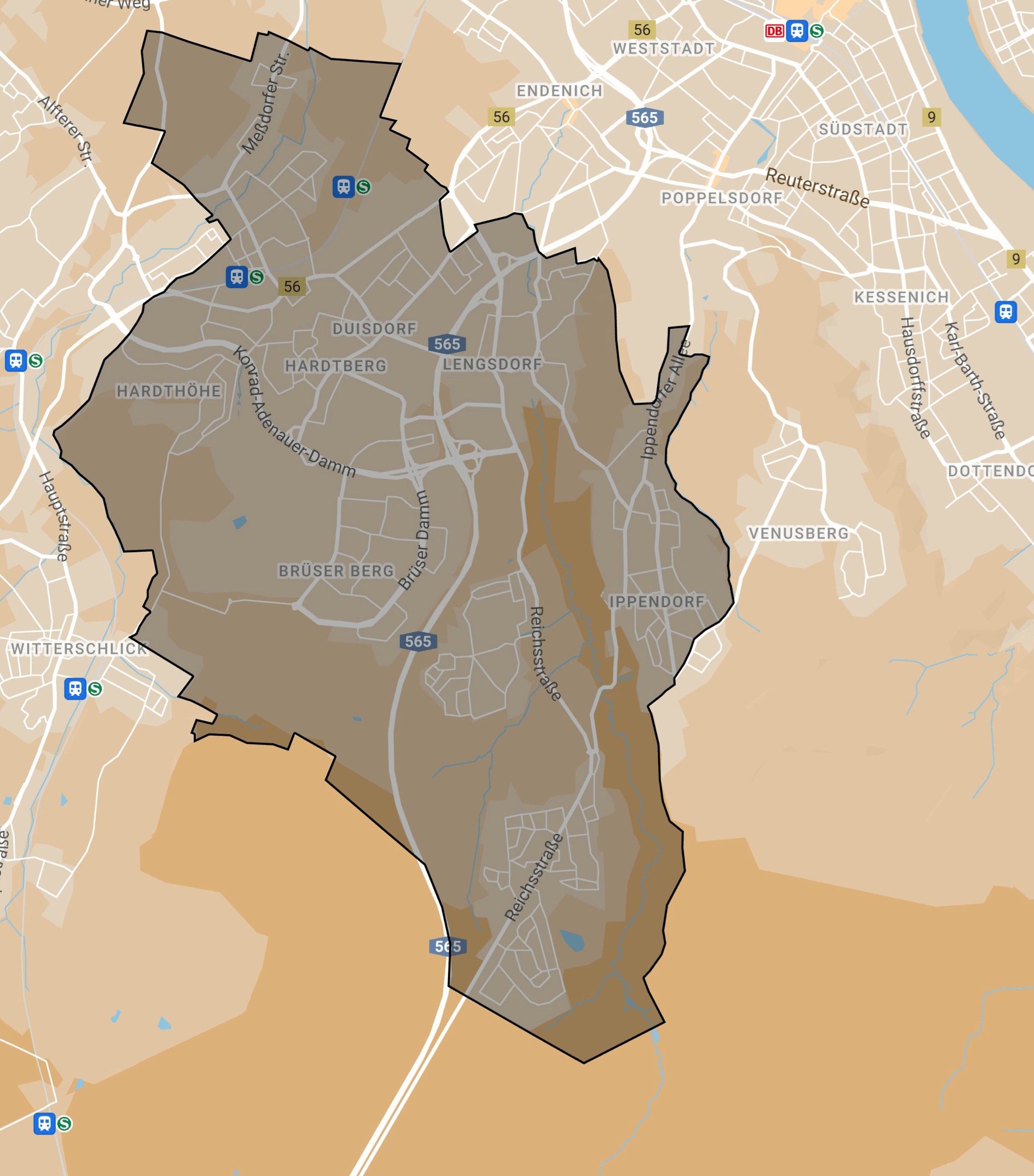 Karte des Teilnahmegebiets Bonn Hardtberg (in grau gekennzeichnet)